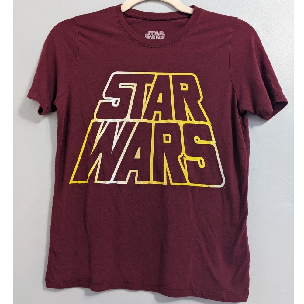 Star Wars Graphic Tee Womens XS Maroon Burgundy Yellow Logo Short Sleeve Shirt